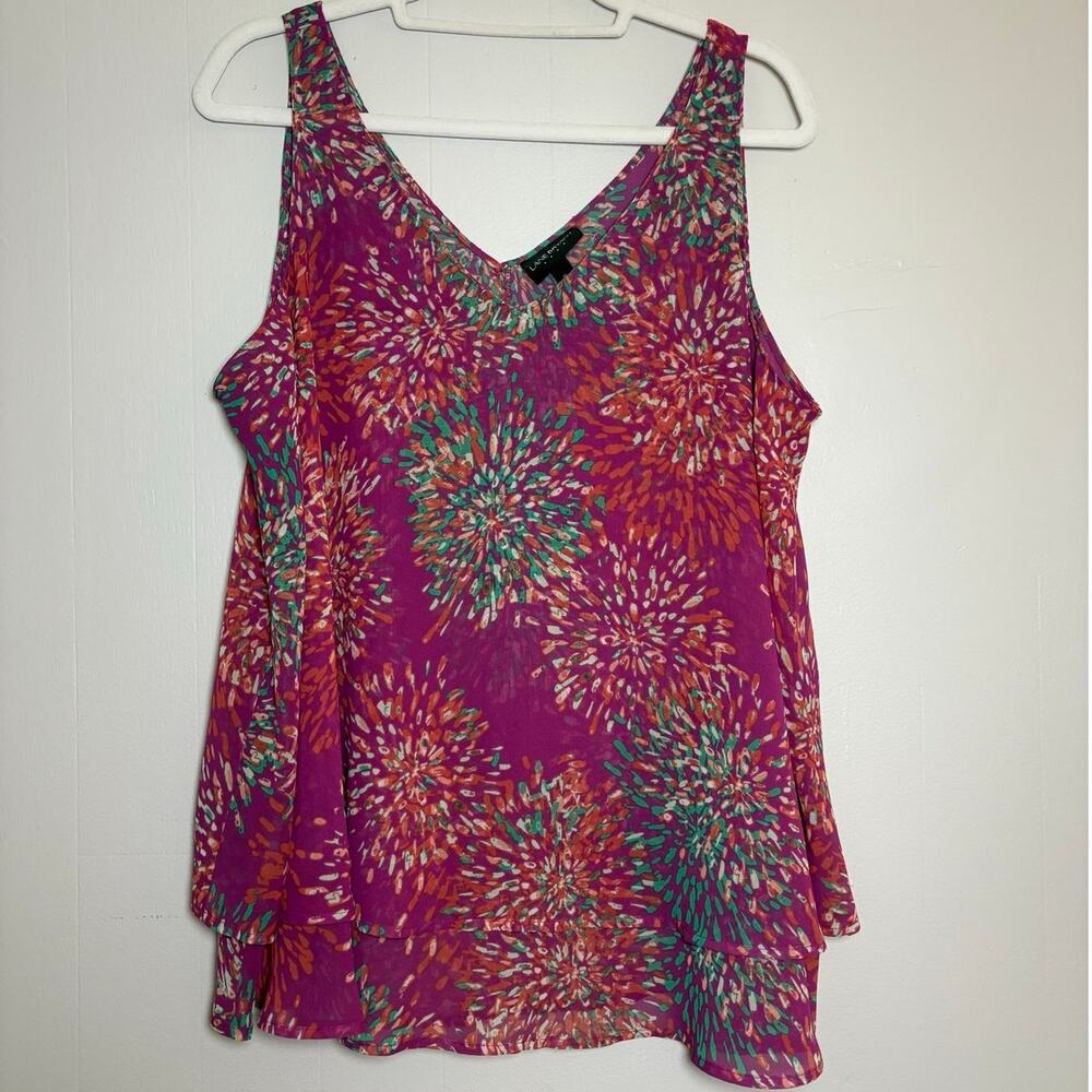 Lane Bryant Size 16 Sleeveless Layered Flowy Pink Colorful Sunburst Patter Top